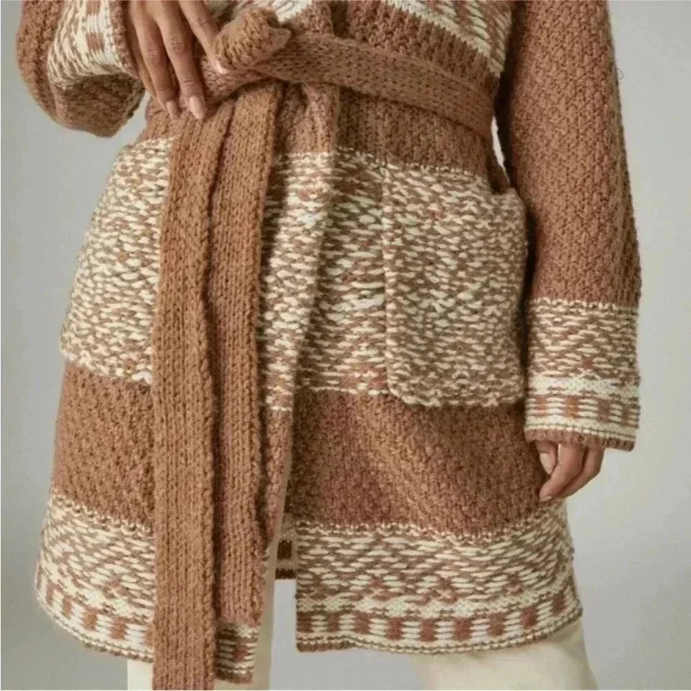 Lucky Brand Women's Fairsle Sweater Coatigan, Caramel Cafe Sz M - Picture 7 of 16